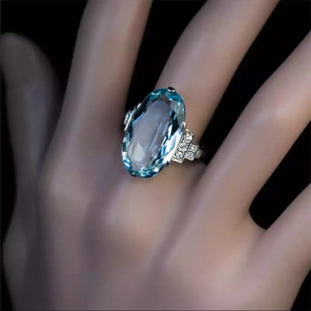 New Light Sky Blue Ring Solitaire Band Oval Stone - Picture 3 of 4